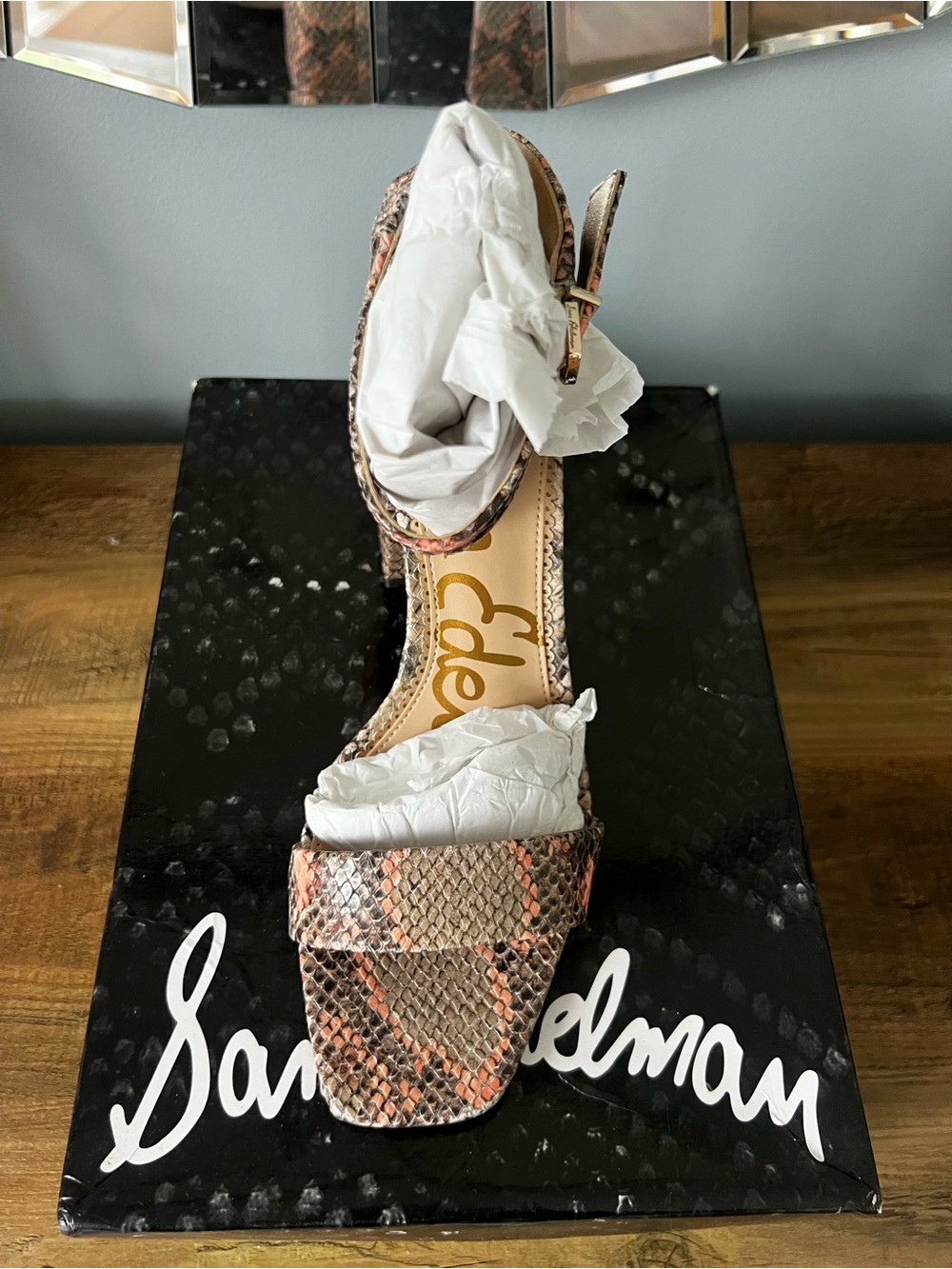 Sam Edelman Coral and Tan Snake-Print Ankle Strap Sandal